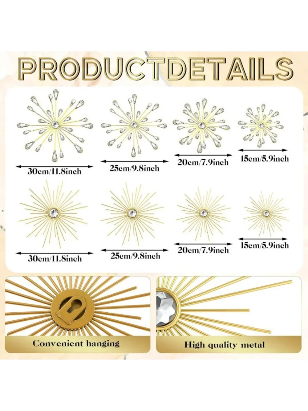 8 Pcs Gold Starburst Wall Art Set, 3D Crystal Teardrop Sculptures for Home Decor